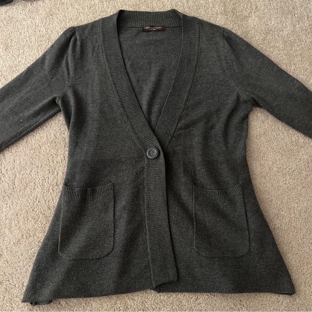 Linda Mattews New York Cardigan One Button Grey Cotton/Angora/Acrylic Size S